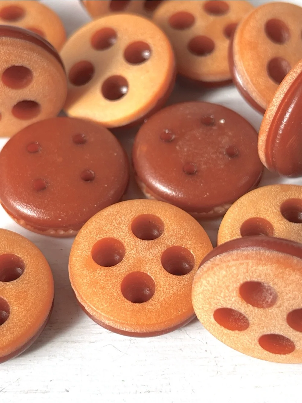 17 Unusual Vintage Sanded Round Plastic 4 hole Buttons w Groove Pumpkin Orange